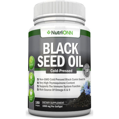 NutriONN Black Seed Oil 180 softgels bottle front view for premium immune support.