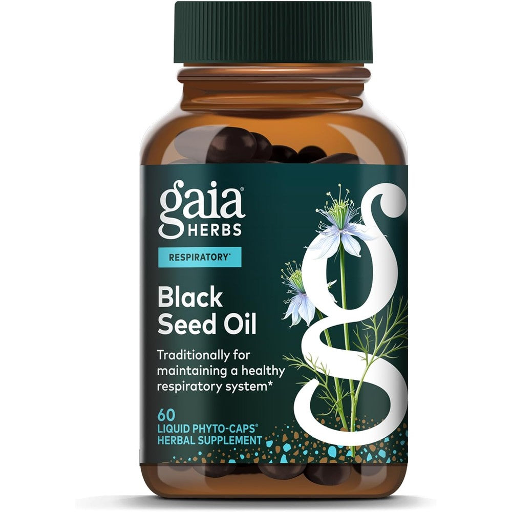 Gaia Herbs Black Seed Oil 60 capsules front view bottle for respiratory wellness