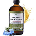 HalalEveryDay Organic Black Seed Oil front view of sixteen fluid ounce amber glass bottle