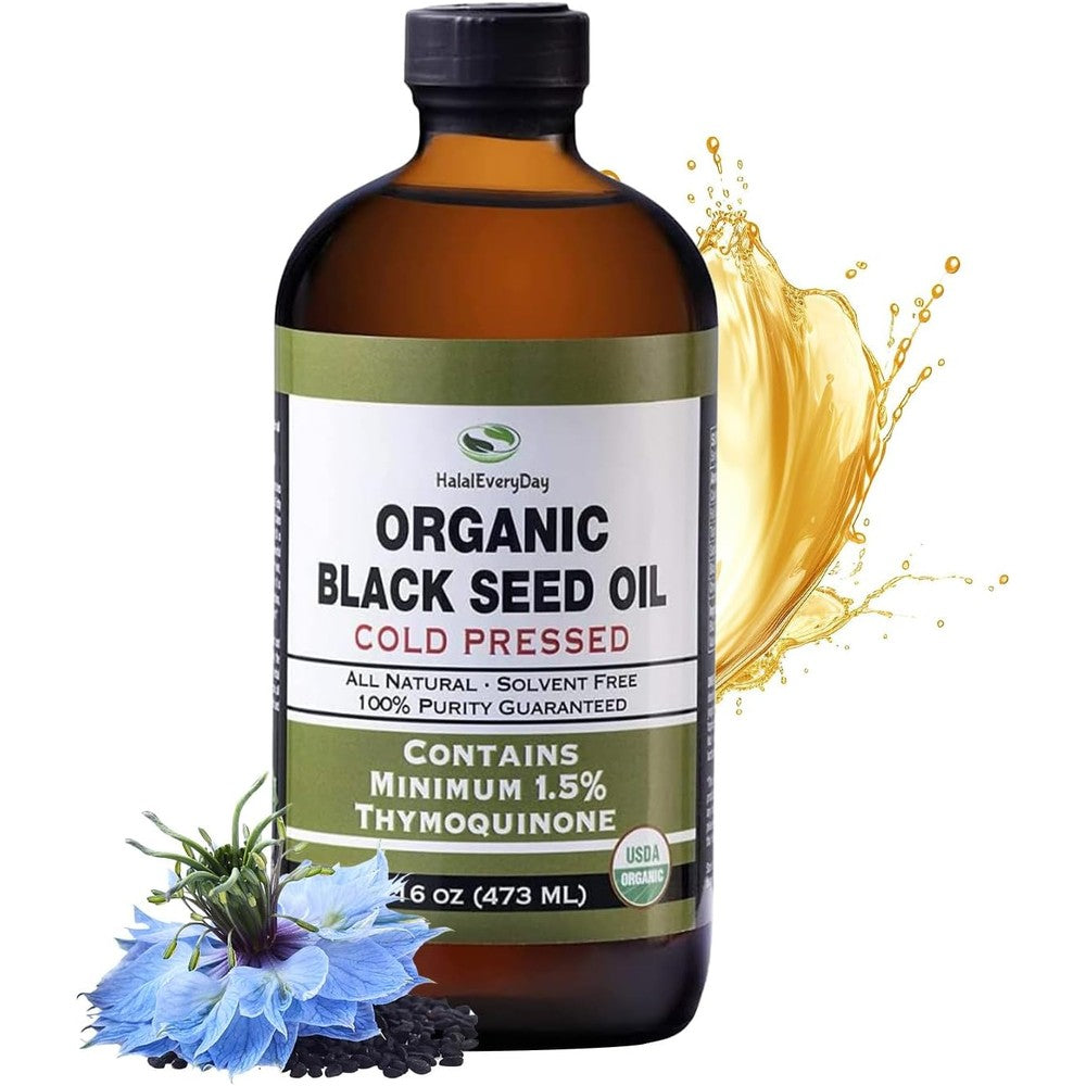 HalalEveryDay Organic Black Seed Oil 16 ounce bottle front view showcasing organic cold pressed certification.