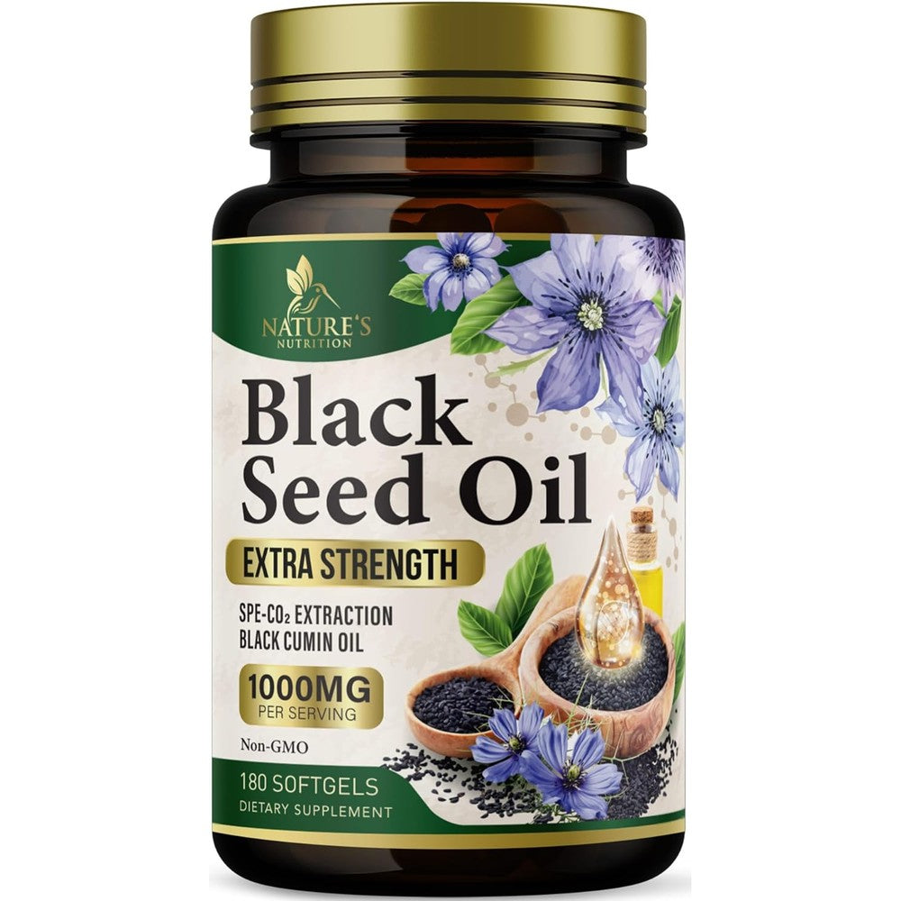 Nature's Nutrition Black Seed Oil 180 Softgels front view bottle