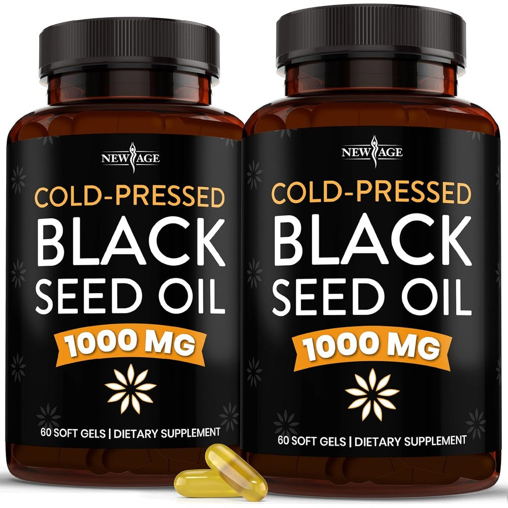 New Age Black Seed Oil 120 softgels premium cold pressed supplement front bottle view