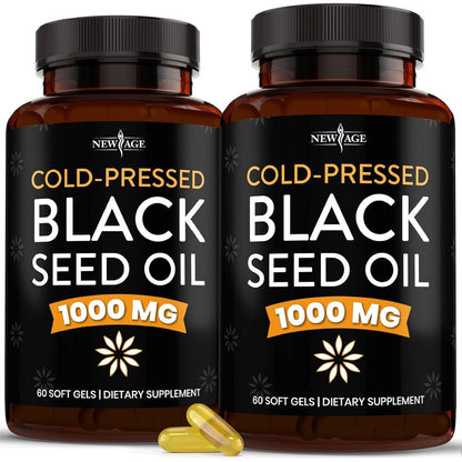 New Age Black Seed Oil 120 softgels premium cold pressed supplement front bottle view