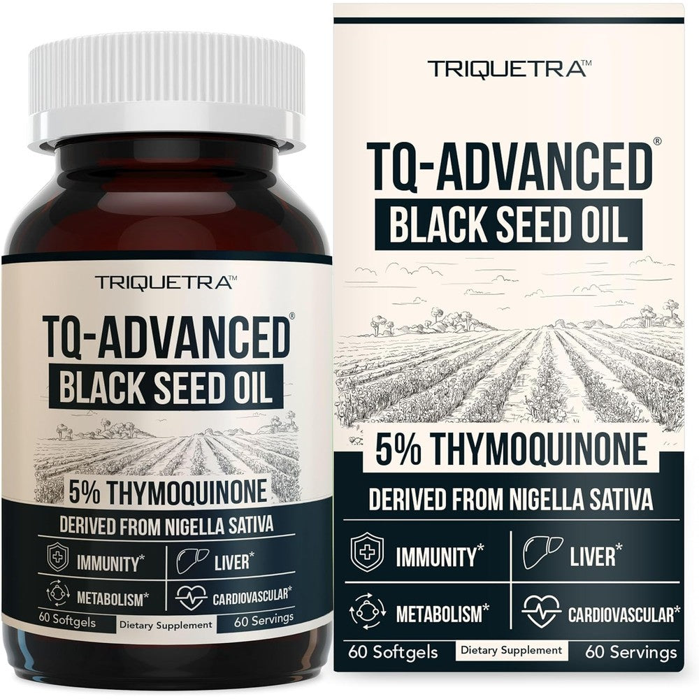 Triquetra Health Black Seed Oil 60 softgels bottle front view highlighting 5% Thymoquinone concentration