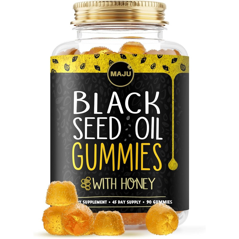 Maju Superfoods Black Seed Oil Gummies 90 count front bottle view