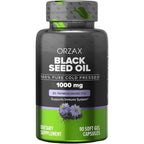 Orzax Black Seed Oil front view bottle with 1000mg softgels