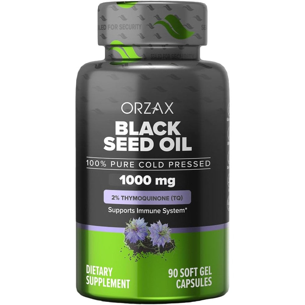 ORZAX Black Seed Oil 1000 mg 90 softgels front view bottle showcasing immune support benefits
