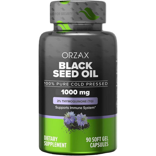 ORZAX Black Seed Oil 1000 mg 90 softgels front view bottle showcasing immune support benefits