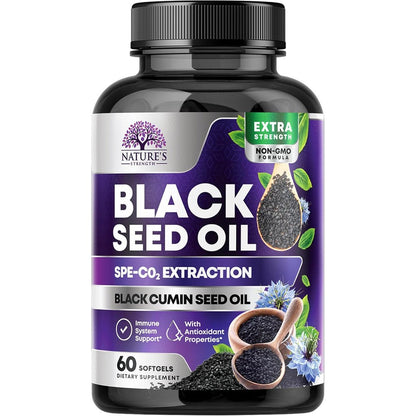 Nature's Strength Black Seed Oil 1000mg supplement bottle front view showing purple label