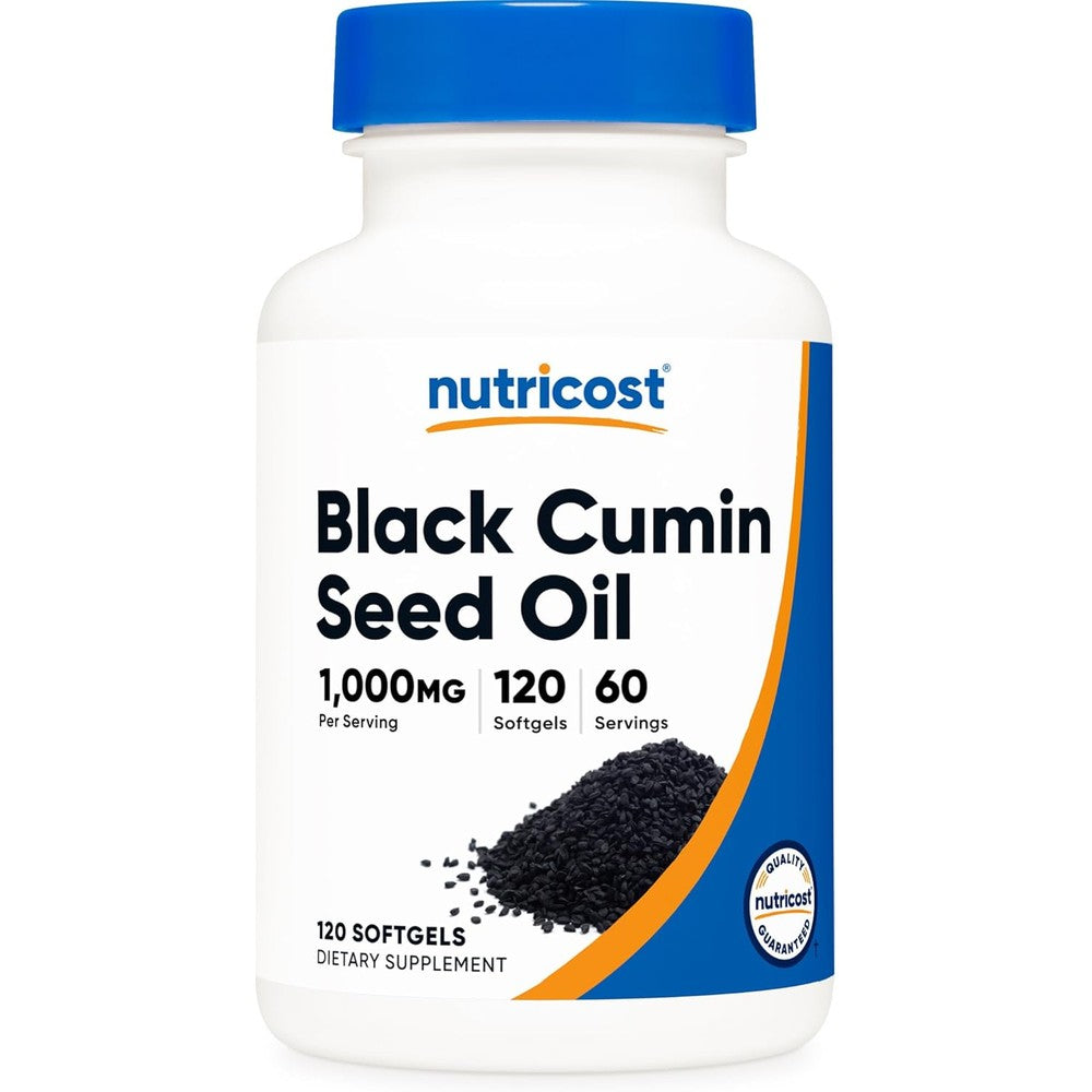 Nutricost Black Cumin Seed Oil 1000mg supplement front bottle view for daily immune defense