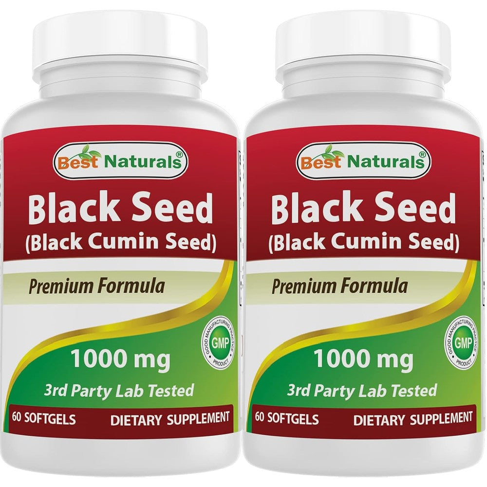 Best Naturals black seed oil front view of two bottles with dietary supplement softgels