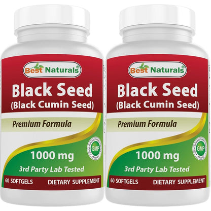 Best Naturals Black Seed Oil 120 Softgels 2 Pack front bottle view for immune defense.