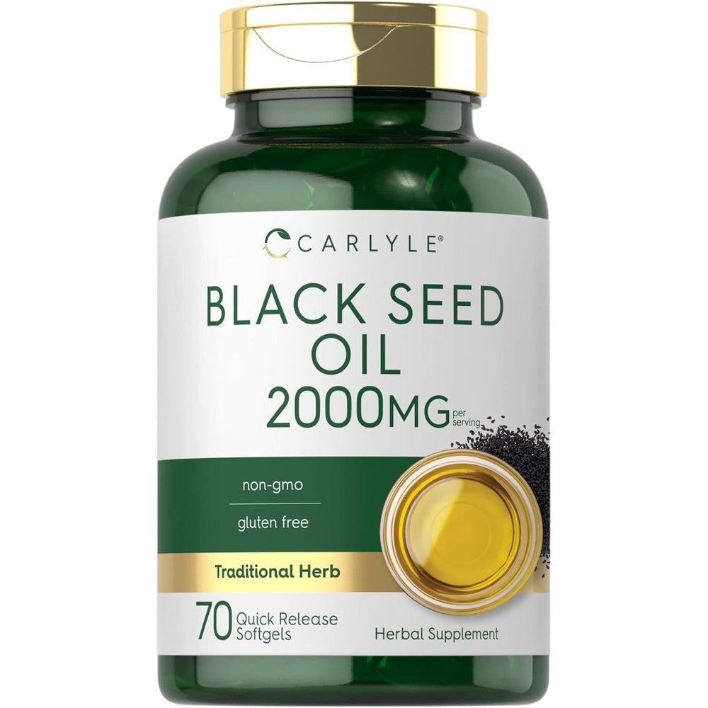 Carlyle Black Seed Oil 2000mg front view bottle packaging for premium immune support supplement.