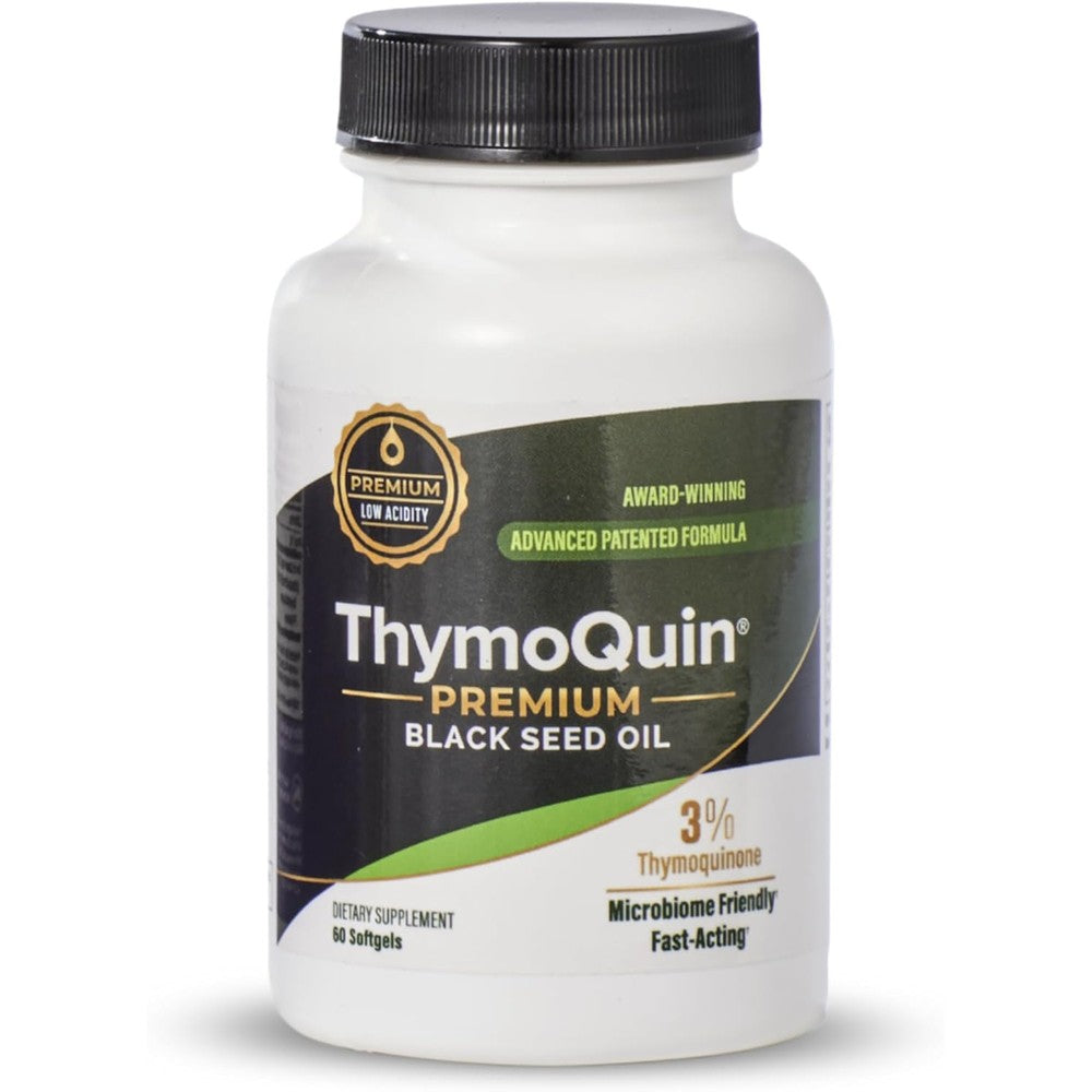 ThymoQuin Premium Cold Pressed Black Seed Oil softgels front view bottle