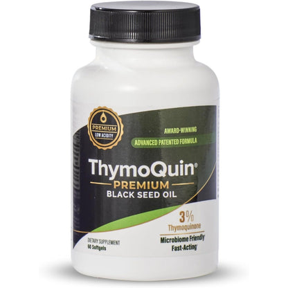 ThymoQuin Premium Cold Pressed Black Seed Oil 60 softgels bottle front view highlighting the 3 percent thymoquinone standard formulation.