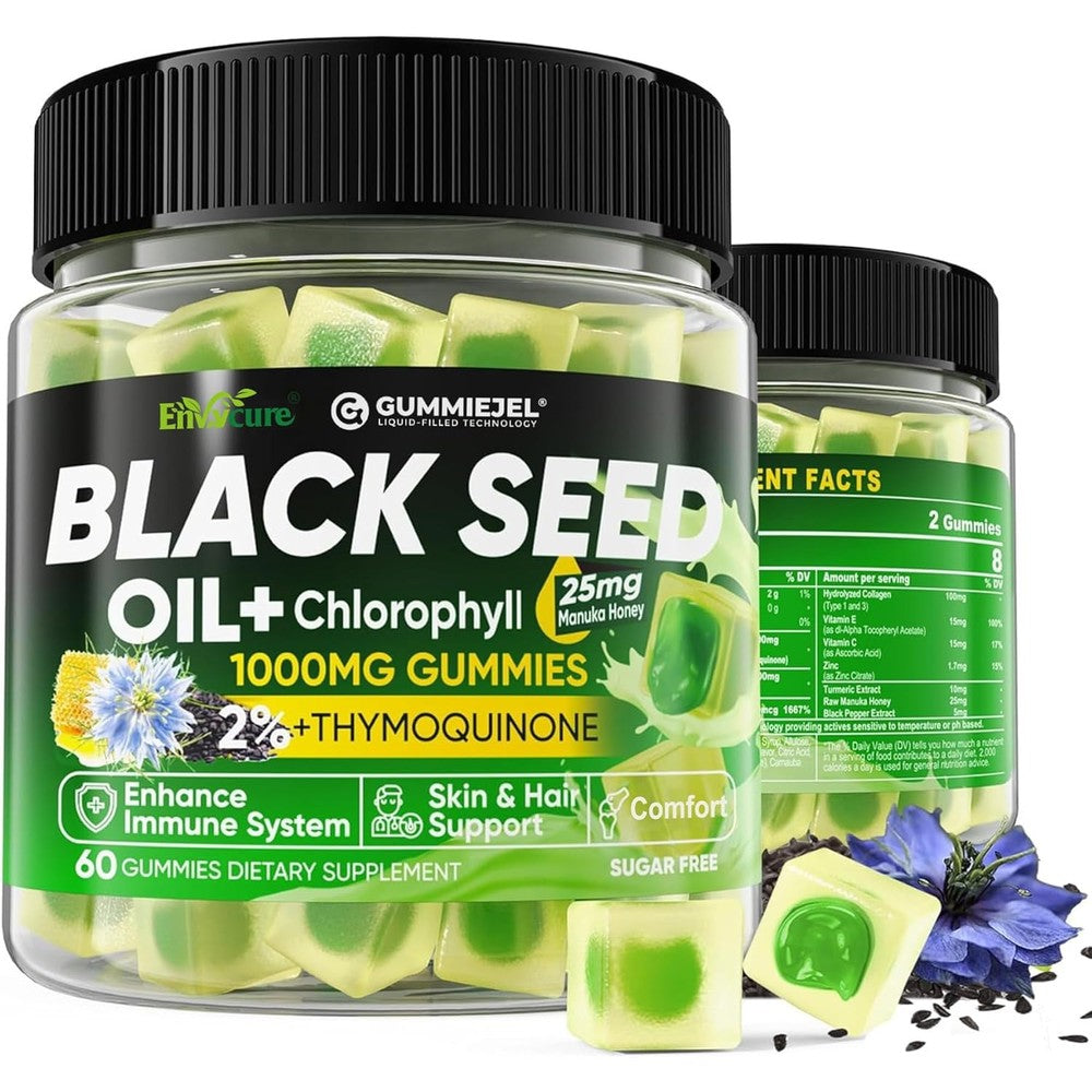 EnvyCure Black Seed Oil And Chlorophyll Gummies front view bottle packaging