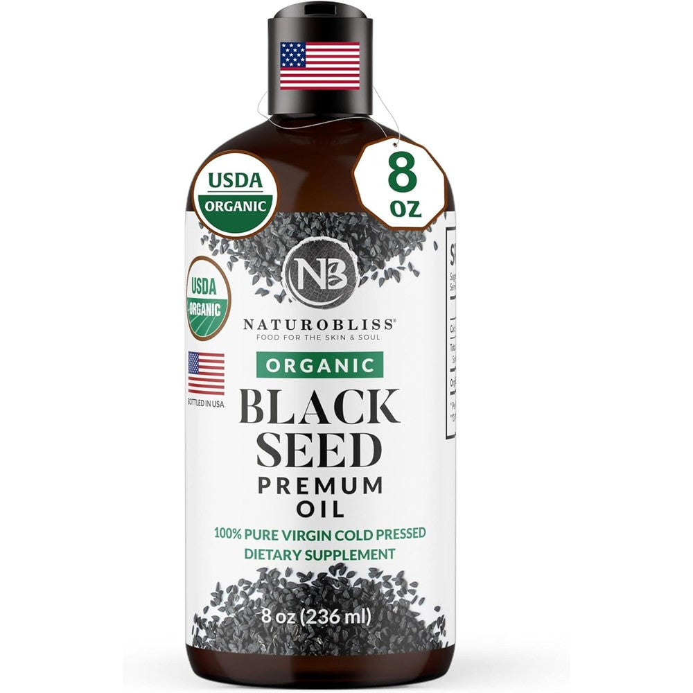 NaturoBliss Organic Black Seed Oil Eight Ounce bottle front view authentic health supplement