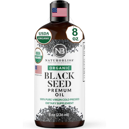 NaturoBliss Organic Black Seed Oil Eight Ounce bottle front view authentic health supplement