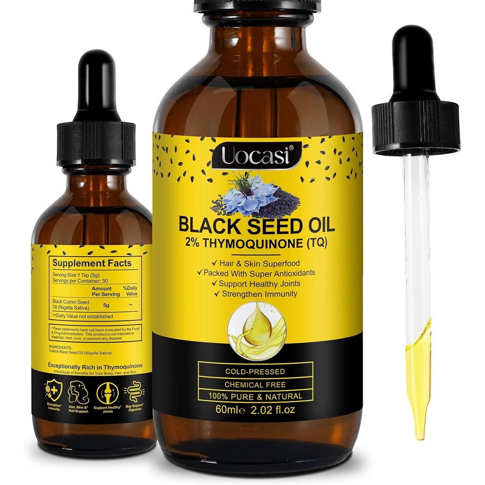 Uocasi Cold Pressed Black Seed Oil glass dropper bottle front view for organic hair growth