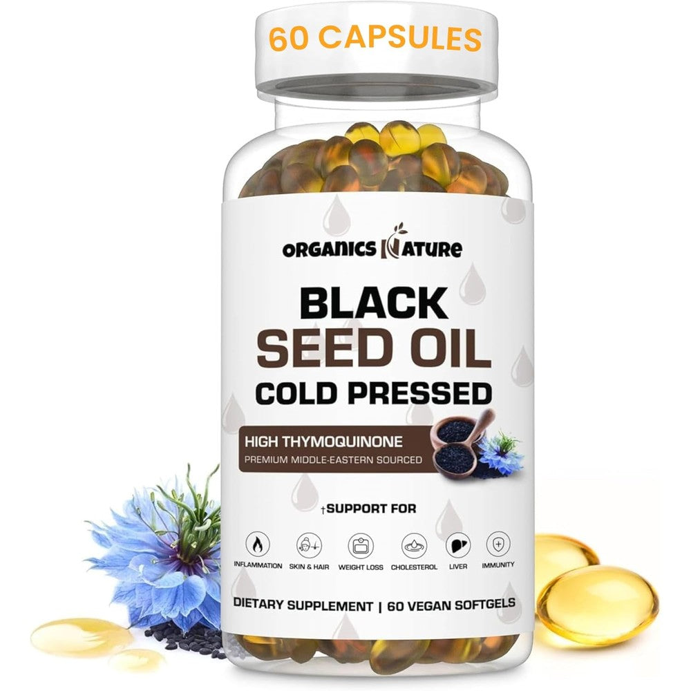 Organics Nature Cold Pressed Black Seed Oil 1000mg 60 vegan softgels bottle front view