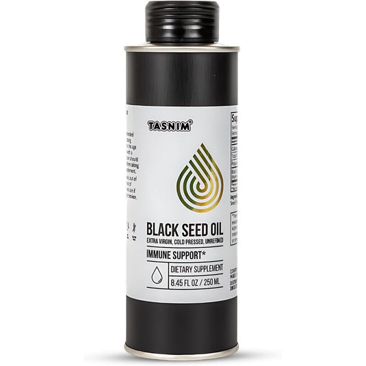 Tasnim Cold Pressed Ethiopian Black Seed Oil front bottle view for immune support