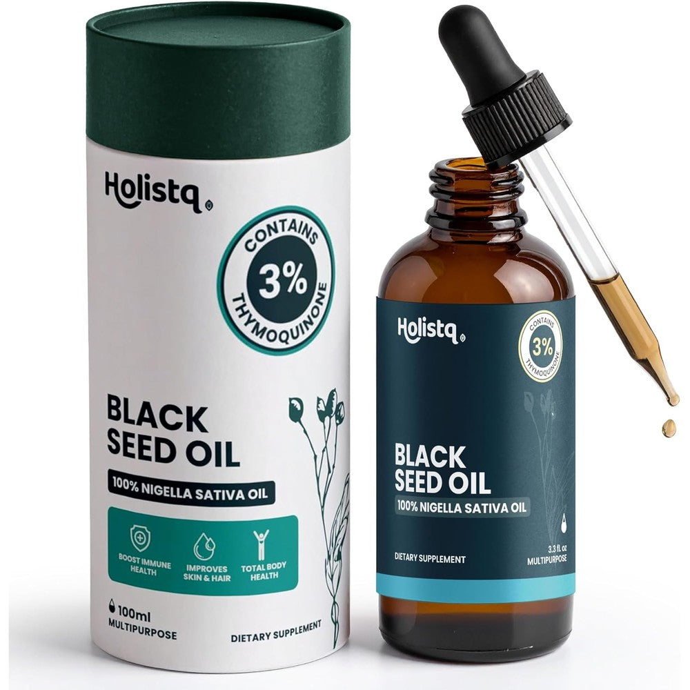 Holistq Black Seed Oil 120 Softgels bottle front view showcasing organic cold pressed premium supplement packaging