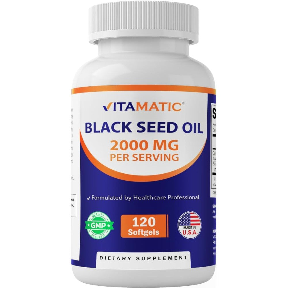 Vitamatic cold pressed black seed oil 1000mg 120 softgels front bottle view immune supplement