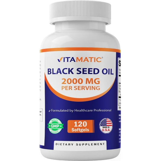 Vitamatic cold pressed black seed oil 1000mg 120 softgels front bottle view immune supplement