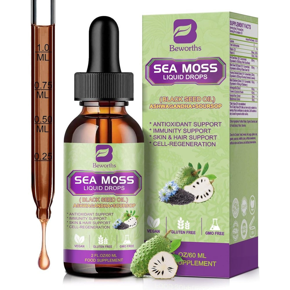 B Beworths sea moss black seed oil liquid drops front view bottle packaging