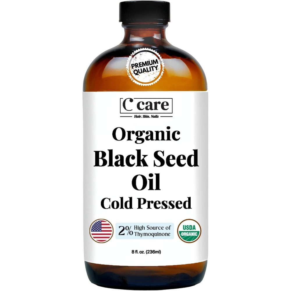 Vocks C Care Organic Cold Pressed Black Seed Oil front view of amber glass bottle for premium immune support supplements