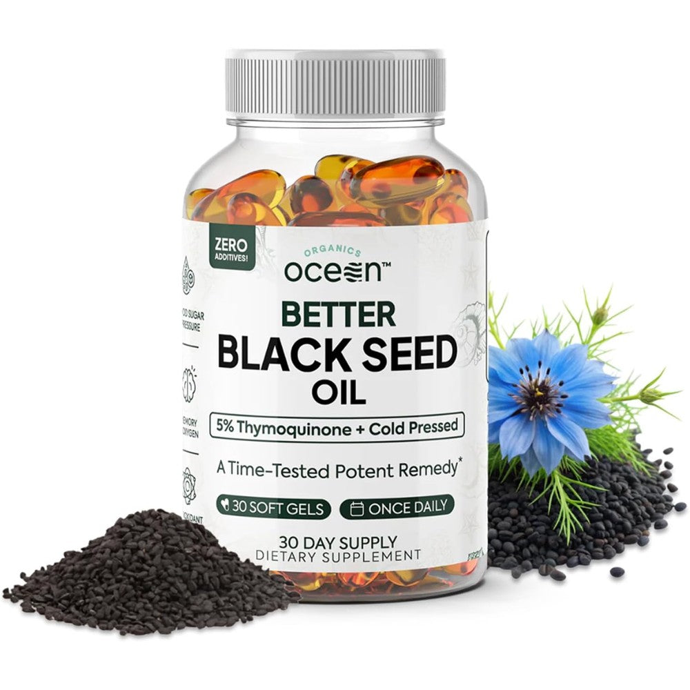 Organics Ocean Better Black Seed Oil front view showing the product bottle and clear dosage details.