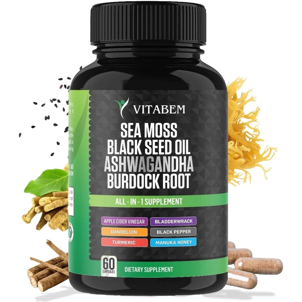 Vitabem sea moss black seed oil capsules front view bottle packaging