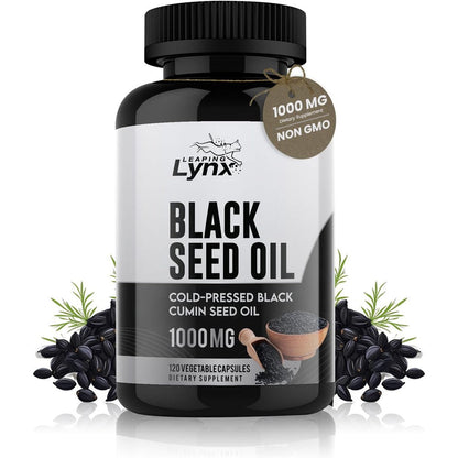 Leaping Lynx Black Seed Oil 1000mg bottle front view for immune support.
