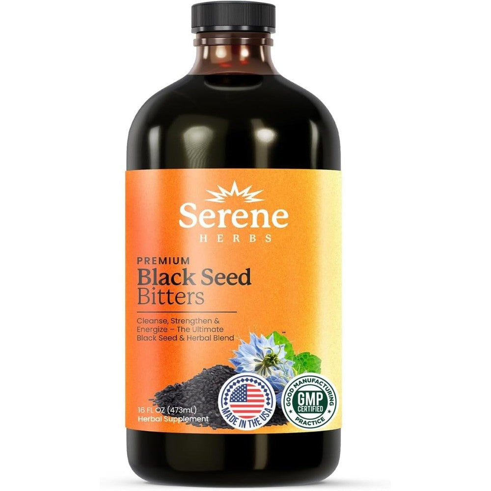 Serene Herbs Organic Black Seed Oil Bitters front view bottle of imported liquid supplement