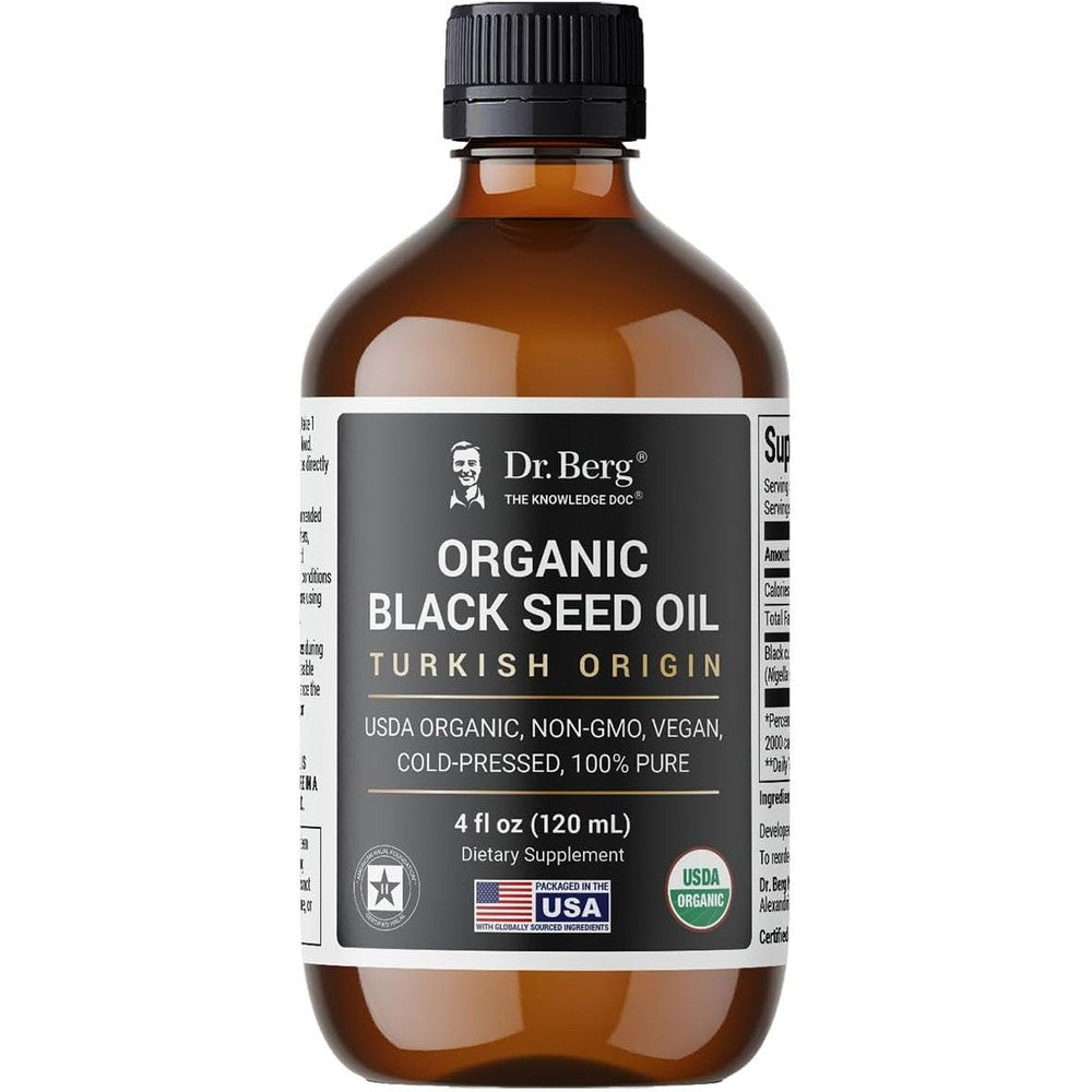 Dr. Berg Organic Black Seed Oil front view of the four fluid ounce amber glass bottle.