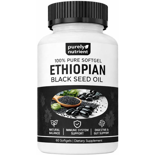 Purely Nutrient Ethiopian Black Seed Oil 60 Capsules bottle front view showing 4.64 percent thymoquinone content for immune support.
