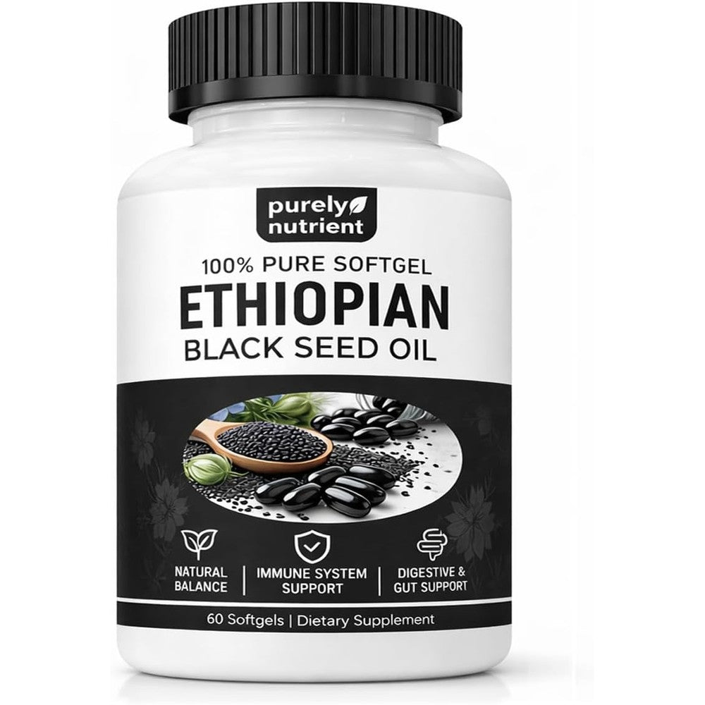 Purely Nutrient Ethiopian Black Seed Oil 60 softgels front view showcasing packaging for immune support.