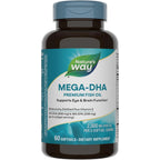 Nature's Way Mega-DHA premium fish oil bottle front view showing 60 softgels and key omega-3 highlights