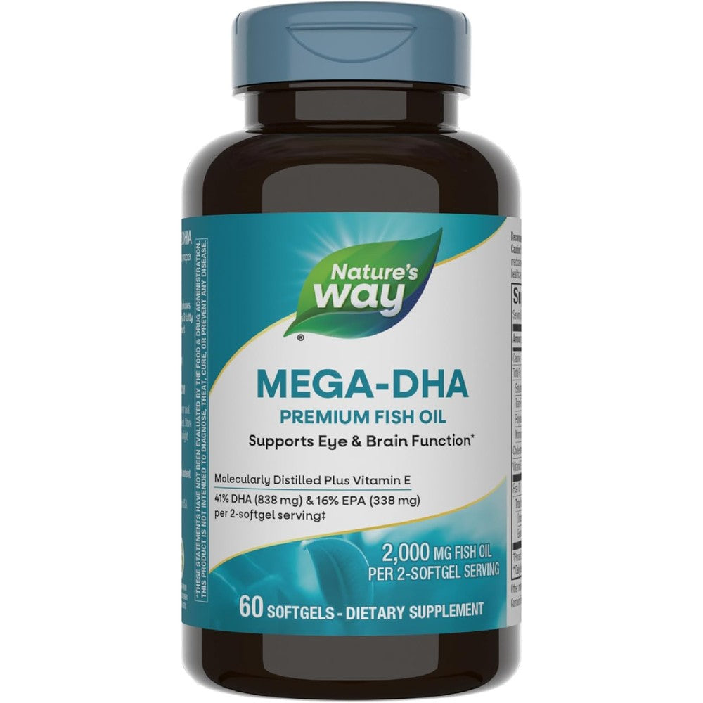 Nature's Way Mega DHA Premium Fish Oil 60 softgel capsules front bottle view