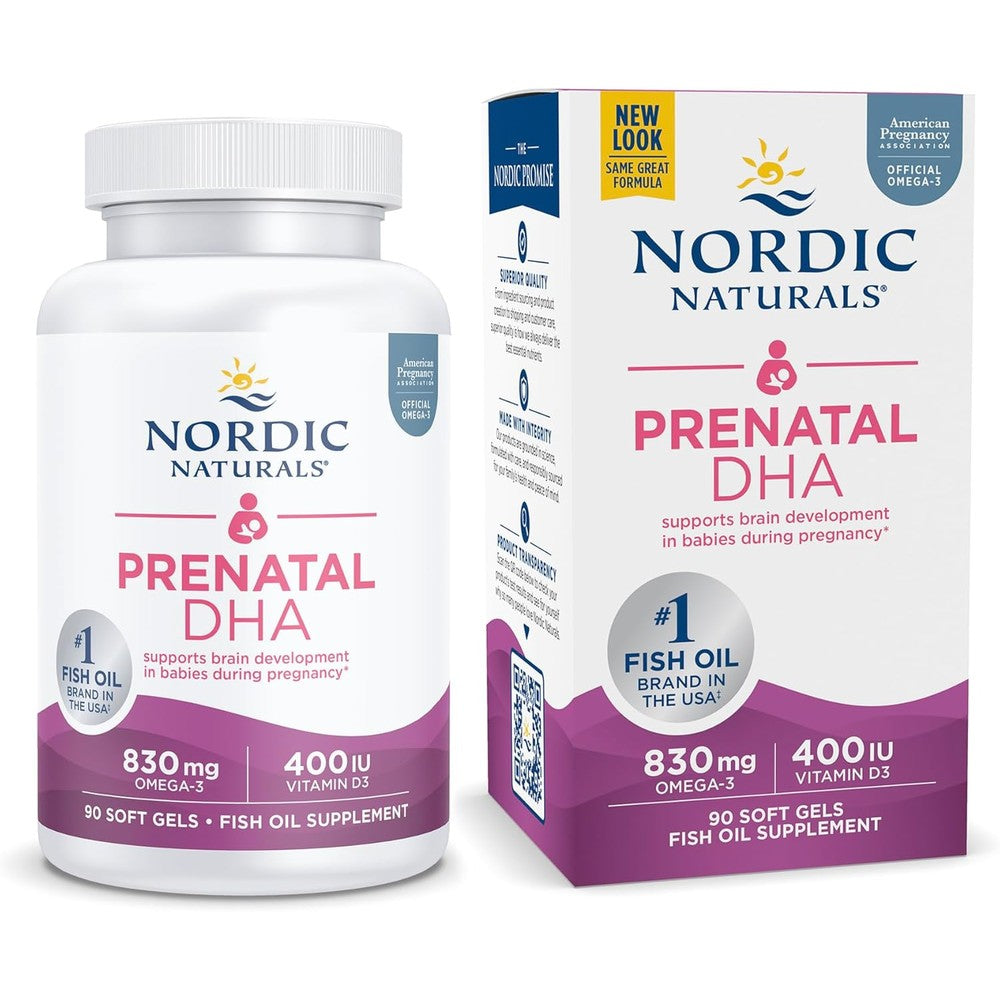 Nordic Naturals Prenatal DHA front view packaging and bottle.