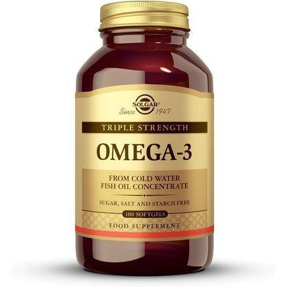 Solgar Triple Strength Omega 3 950mg 100 Softgels bottle front view for premium cardiovascular wellness support.