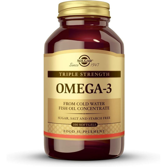 Solgar Triple Strength Omega 3 950mg 100 Softgels bottle front view for premium cardiovascular wellness support.