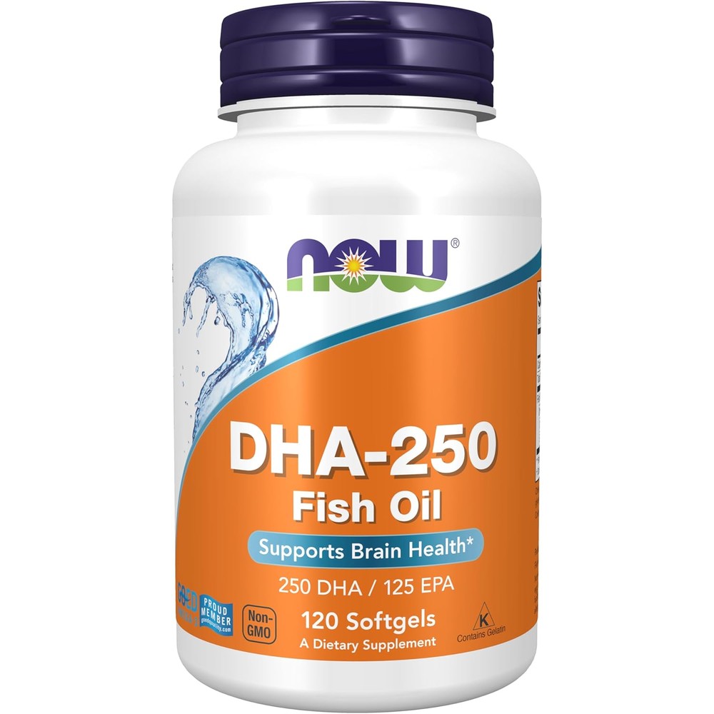 NOW Foods DHA 250 With 125 EPA 120 Softgels front bottle view for brain support.