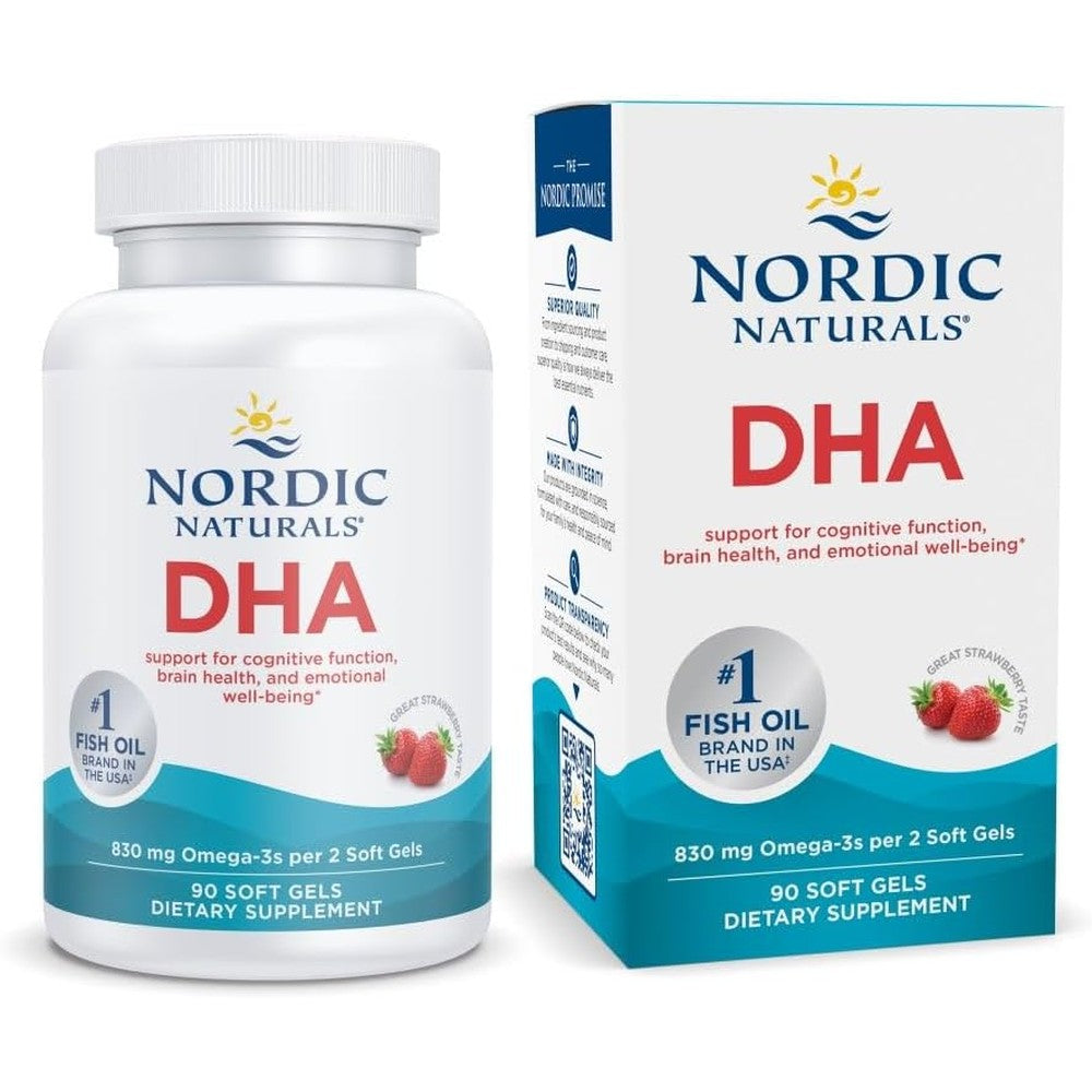 Nordic Naturals DHA Strawberry 830 mg 90 Softgels front view bottle for memory support