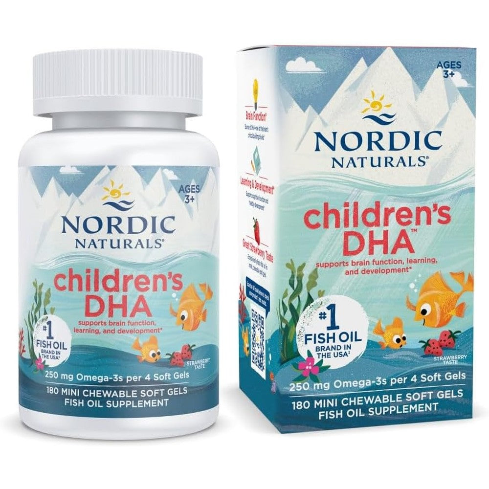 Nordic Naturals Children's DHA 360 softgels front view showing strawberry flavor omega 3 supplement for kids.