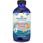 Nordic Naturals Childrens DHA liquid bottle front view with strawberry flavor design