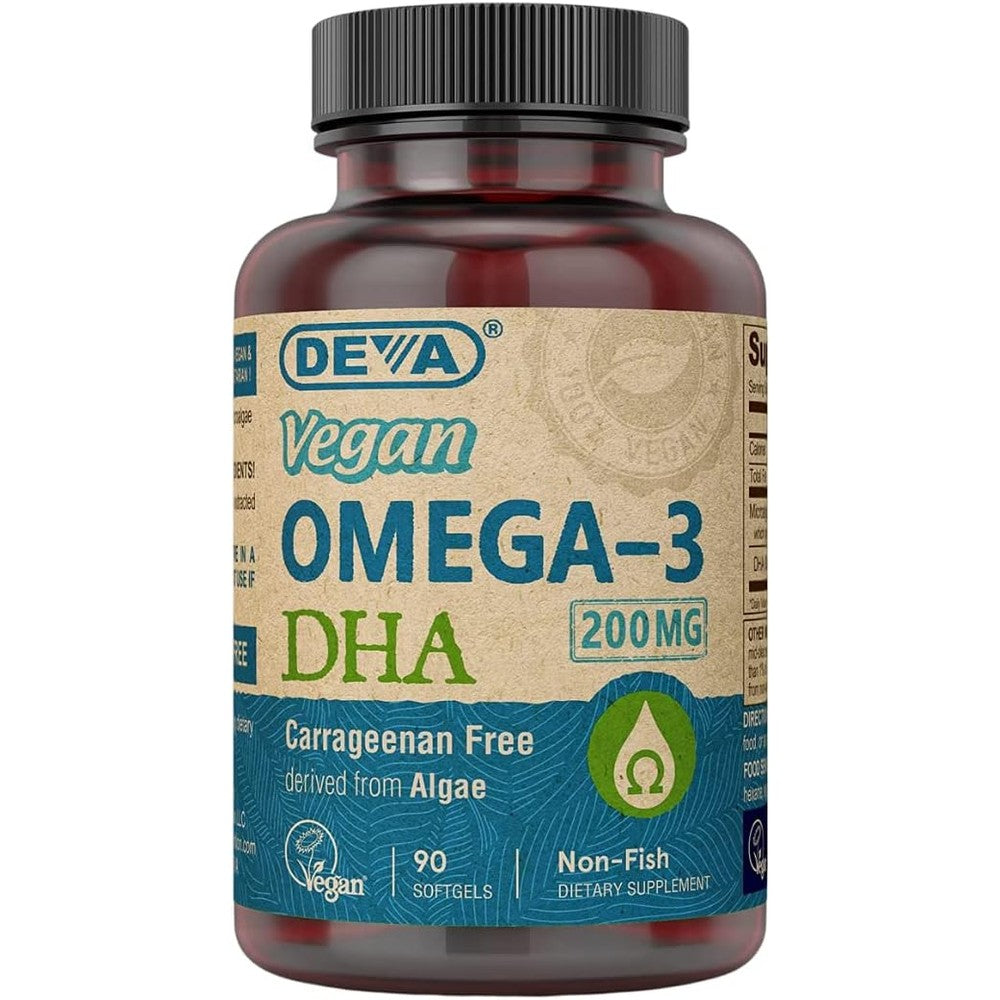 DEVA Vegan Omega 3 DHA 200mg 90 Softgels front view of the bottle packaging
