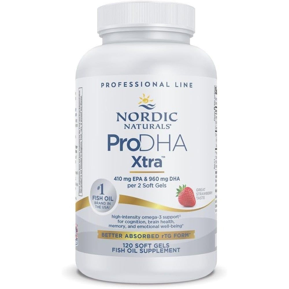 Nordic Naturals ProDHA 1000 Strawberry 120 Softgels front view bottle showcasing authentic premium omega 3 fish oil supplement.