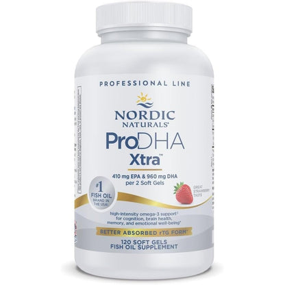 Nordic Naturals ProDHA 1000 Strawberry 120 Softgels front view bottle showcasing authentic premium omega 3 fish oil supplement.