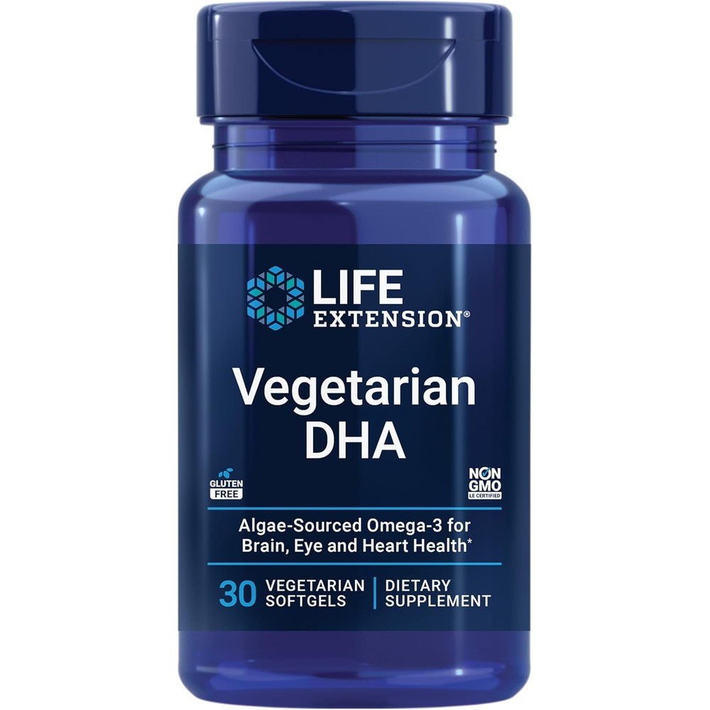 Life Extension Vegetarian DHA 200 milligrams 30 softgels front view bottle